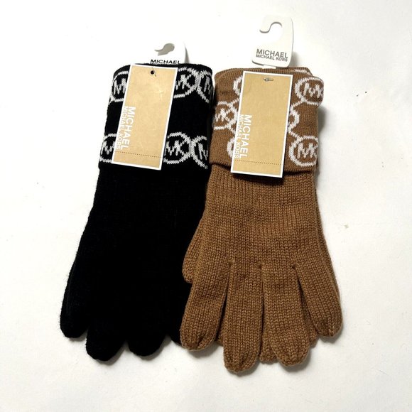 NWT Bundle 2PC MICHAEL KORS Gloves Black White Brown Signature Logo Acrylic - Picture 2 of 6